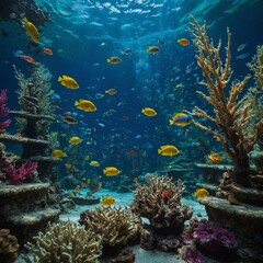 Underwater Realm: Create a vibrant underwater scene with marine life and coral reefs. At the bottom of the ocean.