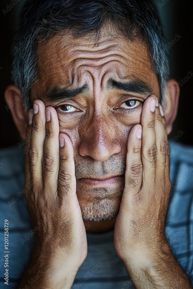 Poster a person with a shocked or concerned expression hiding their face with their hands
