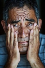 Fototapeta premium A person with a shocked or concerned expression hiding their face with their hands