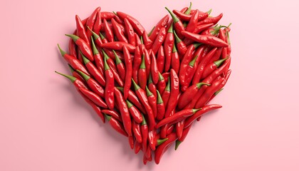 A vibrant heart shape meticulously crafted from numerous red chili peppers against a soft pink background, a passionate and spicy Valentine's Day image.