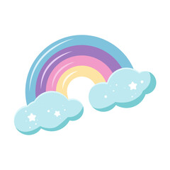 Cute Rainbow with clouds. Magical element on a white background. Print for t-shirt or sticker. Hand drawing vector illustration.