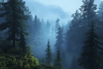 Misty mountain forest with tall evergreen trees in a valley.
