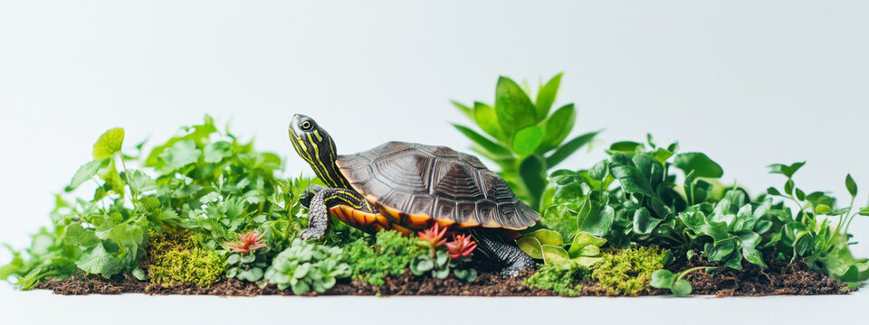 A vibrant turtle with distinctive shell patterns rests amid lush green foliage, showcasing a serene and natural setting.