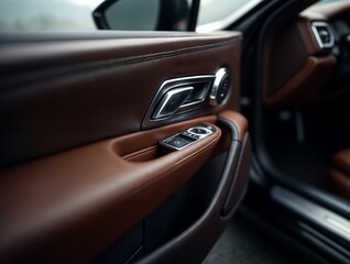 Luxury vehicle interior door handle and controls in soft brown leather at an overcast location