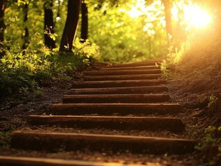 Sunlit wooden steps leading upwards through a lush green forest towards a bright light