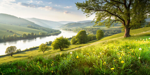 Beautiful spring sunny landscape with river and tree in hilly area with soft selective focus.