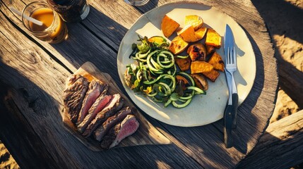 Gourmet Outdoor Meal: Grilled Steak and Roasted Vegetables on a Rustic Wooden Table