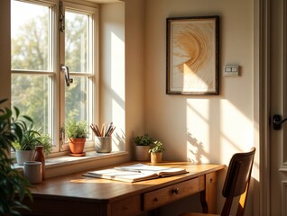 Cozy workspace with natural light and plants in a quiet room during the afternoon