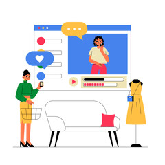 Female Shopper Watching Online Fashion Video While Holding Shopping Basket In Flat Vector Illustration Symbolizing Online Shopping And Digital Retail, Isolated On White Background
