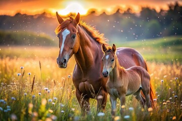 Fototapeta premium Majestic Mare and Foal at Dusk: Golden Hour Meadow Scene