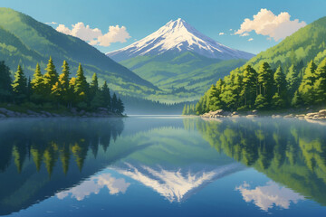 Peaceful mountain lake with crisp reflections, gentle mist, and morning light caressing the surface in anime style
