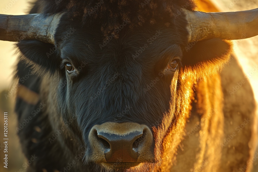 Poster a close-up view of a bull's head with impressive horns, suitable for use in wildlife or farm-related