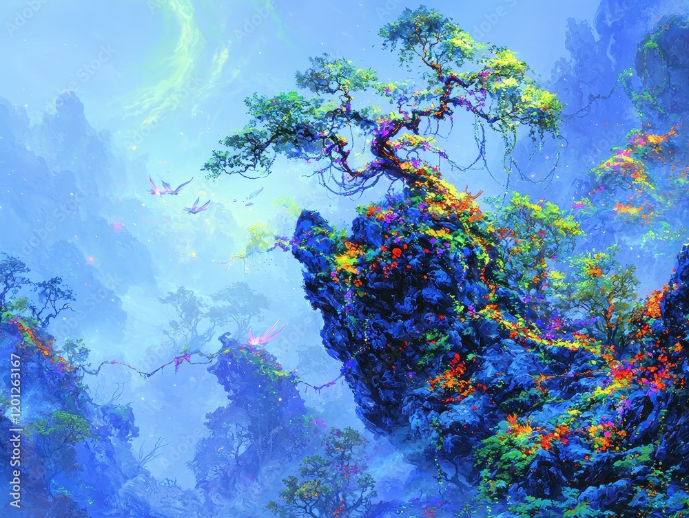 Wall mural a mystical floating forest of colossal bioluminescent trees, their branches extending into a swirlin