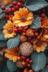 A colorful bouquet of various flowers and berries, great for a still life photo or as a decorative element