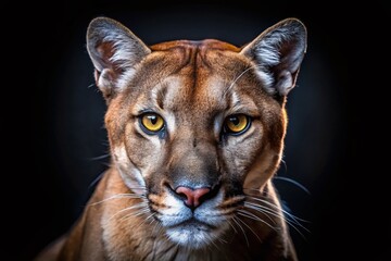 Obraz premium Majestic Mountain Lion Portrait: Close-Up Drone Shot of Cougar Face Against Black Background