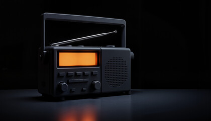 Fototapeta premium Modern portable radio illuminating the dial on a dark table, essential for communication
