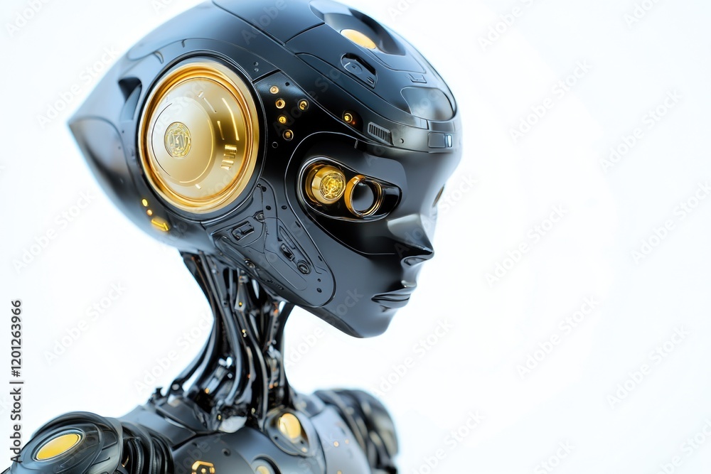 Poster a close-up view of a robot's head with bright yellow eyes, suitable for sci-fi or futuristic themed 