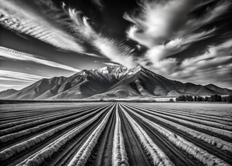 Fototapeta premium Majestic Mountain Range & Parallel Crop Rows: Wide-Angle Black & White Sketch