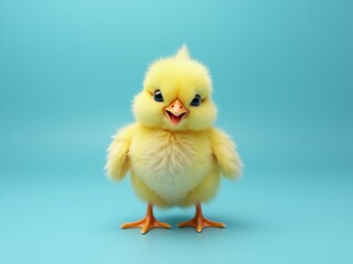 Fototapeta premium Cute baby chick smiling on turquoise background
