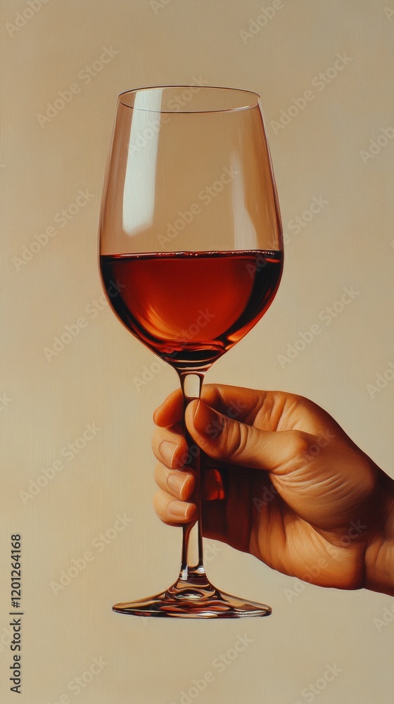 Poster Hand holding a glass of red wine against a neutral background