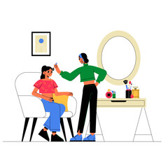 Makeup Artist Applying Makeup To Female Client In Flat Vector Illustration Symbolizing Beauty Services, Salons, And Professional Makeup, Isolated On White Background.