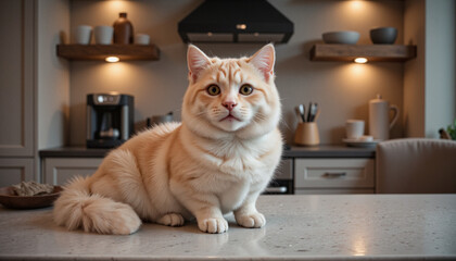 Fluffy cream-colored cat with calm demeanor sitting on a marble countertop in a modern kitchen