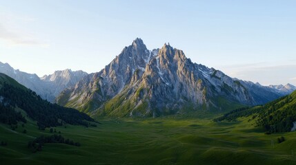 Naklejka premium Majestic mountain landscape with lush green valleys and peaks.