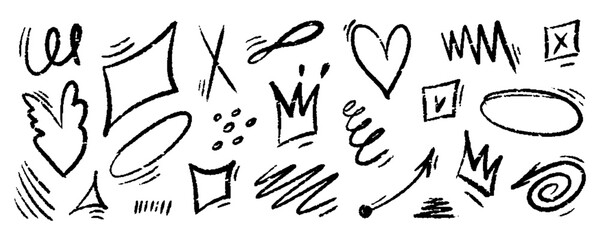 Chalk hand drawn arrow, brush lines, underlines, crayon marker scribbles, grunge texture, heart, crown, text box, zig zag doodle vector sketch elements.