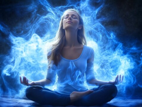 A serene woman meditates with closed eyes, surrounded by a mystical blue aura, embodying peace and tranquility, inviting a sense of calm and enlightenment in a spiritual atmosphere
