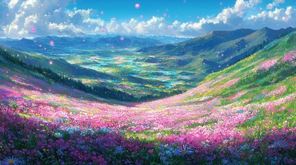 A serene fantasy valley filled with glowing wildflowers and bioluminescent rivers. Floating orbs of light drift lazily above the valley, casting soft illumination onto the vibrant landscape 