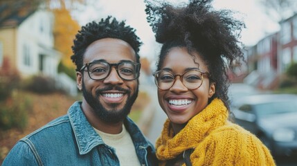 A cheerful couple stands proudly in front of their newly acquired home, surrounded by autumn foliage, celebrating their milestone