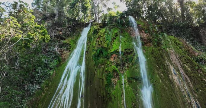 Beautiful tropical rainforest and waterfall El Limon in the mountan, Samana island, Dominica Republic. Famous place for tourism in Dominicana.