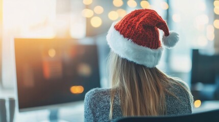 A woman in a Santa hat focuses on her work at her office desk while festive decorations create a cheerful atmosphere