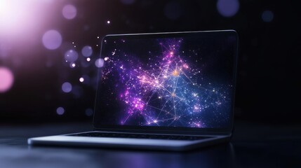 Futuristic Laptop Displaying Cosmic Digital Network Concept with Colorful Star Particles and Glowing Light Effects against a Dark Background