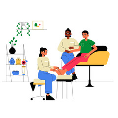 Woman Giving Pedicure To A Male Client In Salon With A Staff Member Observing In Flat Vector Illustration Symbolizing Beauty Services, Self Care, And Relaxation