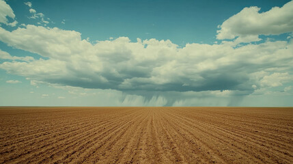 Fototapeta premium Raining on a plowed field under a dramatic sky