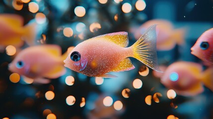 Fototapeta premium A serene underwater world where glowing coral reefs pulse softly in hues of turquoise and violet. Bioluminescent fish swim lazily through radiant kelp forests, casting shimmering patterns onto 