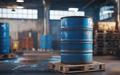 Rusty Blue Barrel in Industrial Warehouse