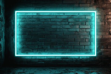 Glowing teal neon rectangular frame on a dark brick wall.