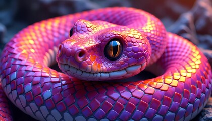Fototapeta premium Vibrant Snake Coiled on a Pink Background with Big Expressive Eyes