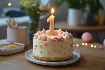 Celebrate first birthday with a beautifully decorated cake and a candle lit for the special occasion