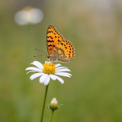 Obraz premium Delicate Orange Butterfly Gracefully Perched on White Daisy in Natural Setting