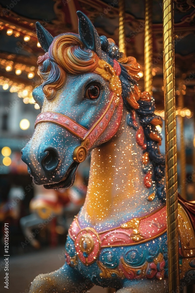 Poster a close-up of a horse's face as it runs on a colorful carousel