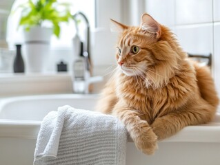 Orange fluffy cat resting in a white sink on top of a grey towel inside a bathroom