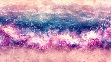 Fototapeta premium A tranquil fantasy coastline glowing softly in hues of teal and lavender. Radiant waves crash gently onto a shore of shimmering sand, and ethereal sea creatures with bioluminescent fins swim 
