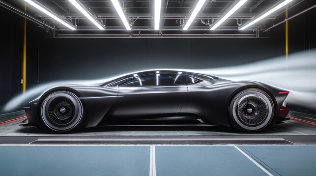 Aerodynamic Testing of a Futuristic Sports Car Captured Under Intense Wind Tunnel Conditions.