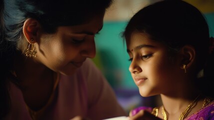 A woman and young girl examine something with mutual interest, potentially sparking curiosity