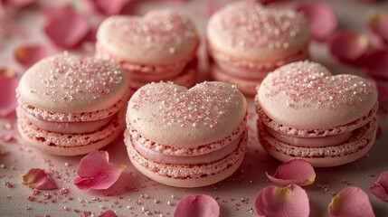 Pink heart-shaped macarons with sprinkles and rose petals.