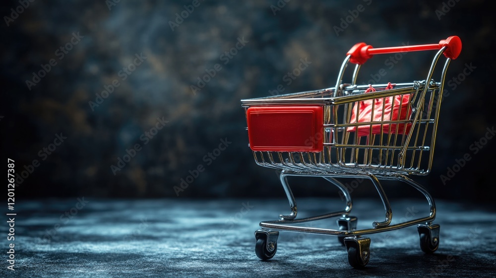 Poster a small shopping cart with a red box containing unknown items, ideal for commercial or everyday use 