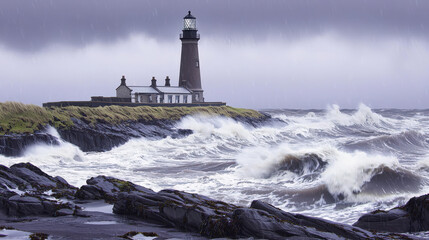 Lighthouse and keeper's house battered by stormy waves